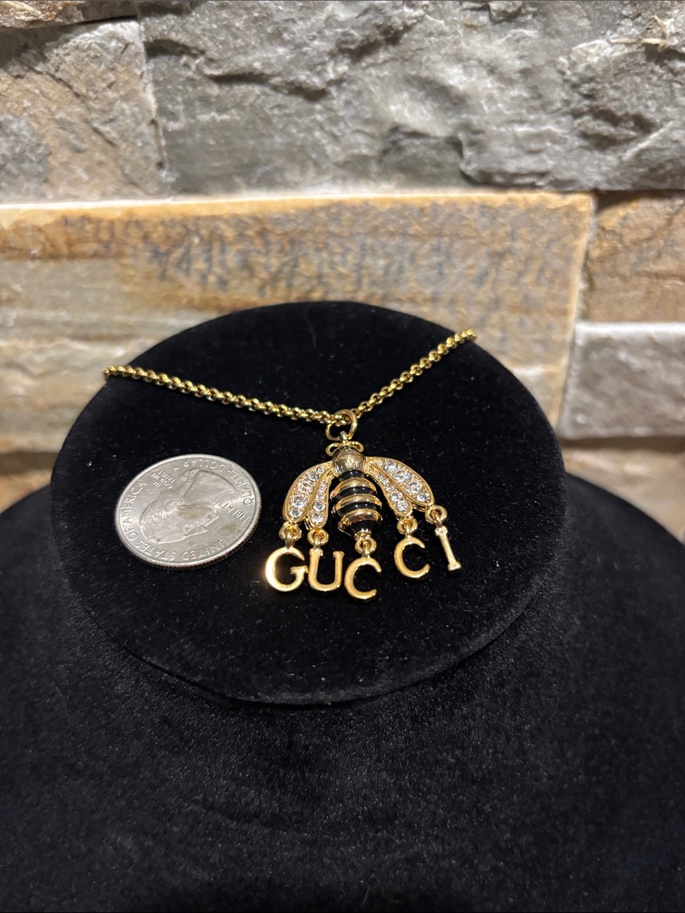 Gold and Black Gucci Bee Pendant Necklace with Crystal Wings - Picture 5 of 6